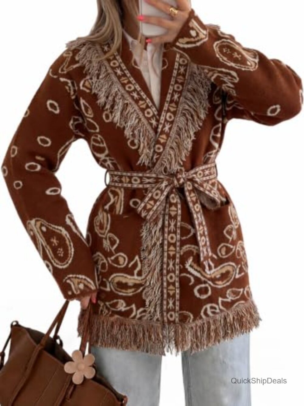 Fringe Cardigan Long Sleeve Paisley Sweater with Belt Boho Duster